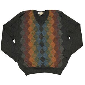Vintage Tricots St. Raphael Mens Argyle Merino Wool Sweater L Charcoal